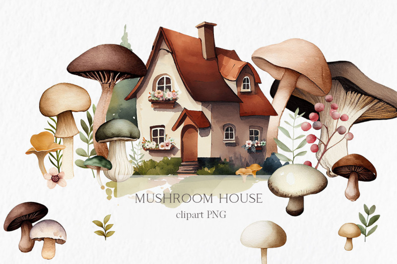 mushroom-house-watercolor-clipart-png-autumn-cozy-cute-sublimation