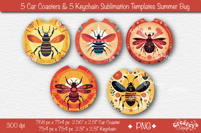 car-coaster-sublimation-bundle-round-keychain-sublimation-summer-bug