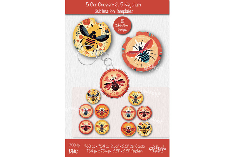 car-coaster-sublimation-bundle-round-keychain-sublimation-summer-bug