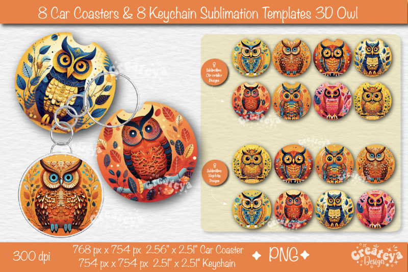 car-coaster-sublimation-bundle-round-keychain-sublimation-3d-owl-png