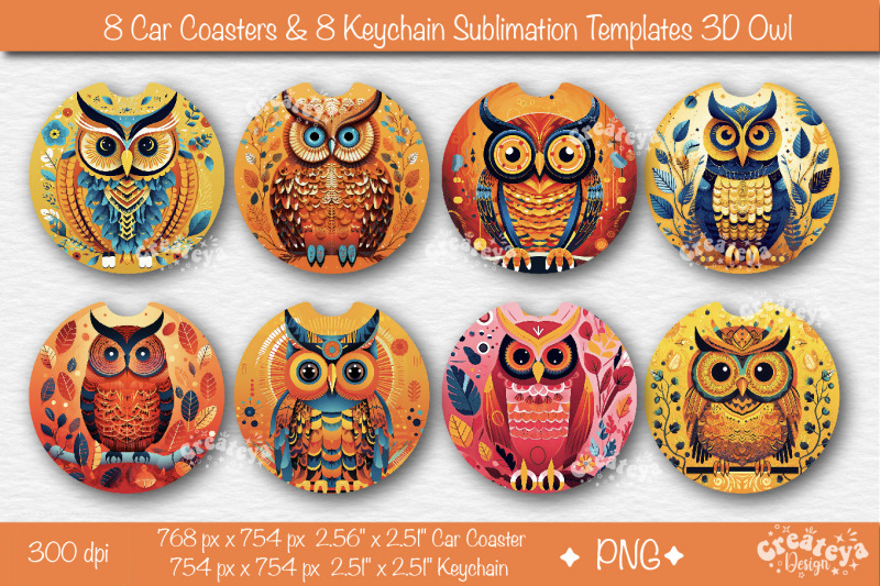 car-coaster-sublimation-bundle-round-keychain-sublimation-3d-owl-png