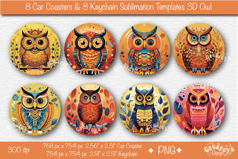 car-coaster-sublimation-bundle-round-keychain-sublimation-3d-owl-png