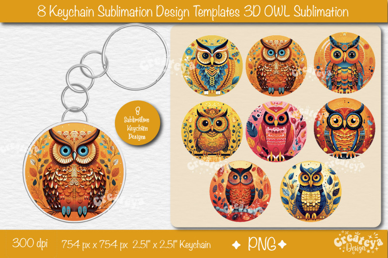 round-keychain-sublimation-bundle-3d-owl-keychain-sublimation-template