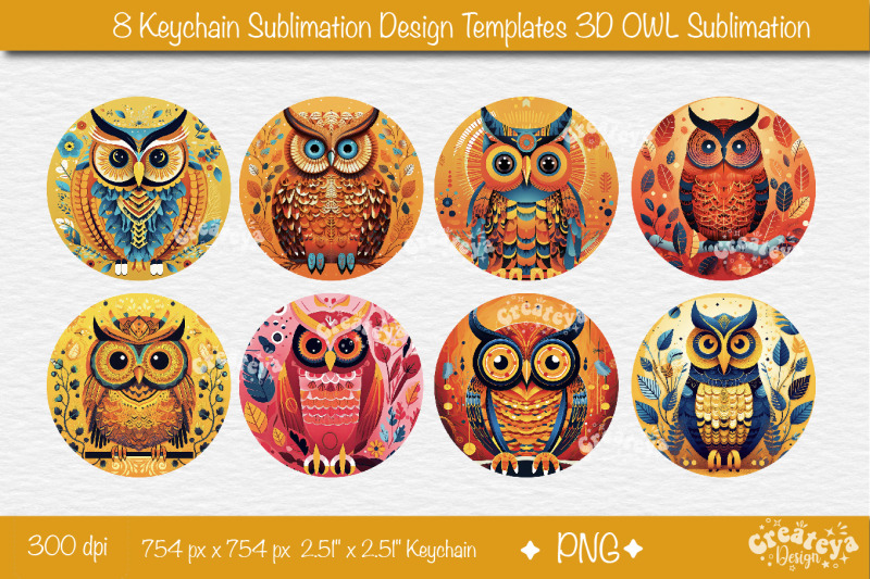 round-keychain-sublimation-bundle-3d-owl-keychain-sublimation-template