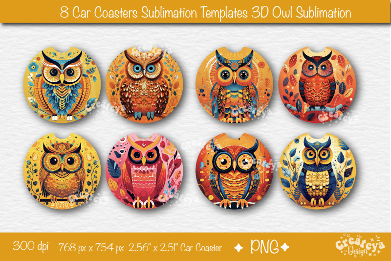 car-coaster-sublimation-designs-bundle-3d-owl-round-sublimation-png-te