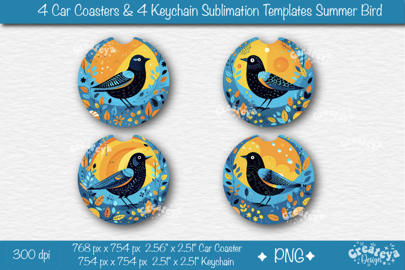 car-coaster-sublimation-bundle-round-keychain-sublimation-summer-bird