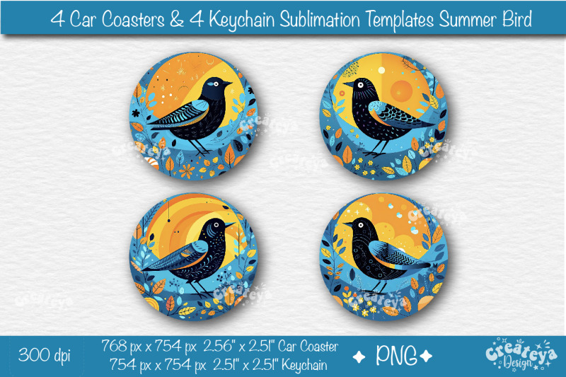 car-coaster-sublimation-bundle-round-keychain-sublimation-summer-bird