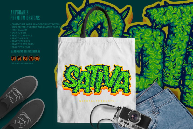 sativa-word-lettering-cannabis-buds-letter-illustrations