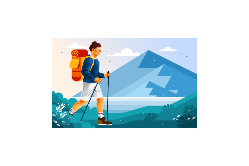 backpacker-hiking-with-mountain-background