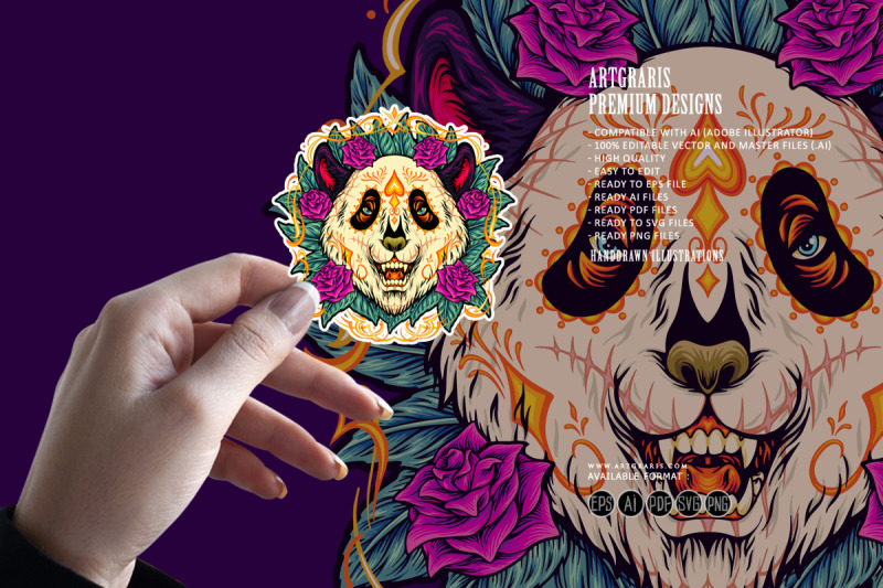 sugar-skull-panda-with-rose-flower-frame-illustrations