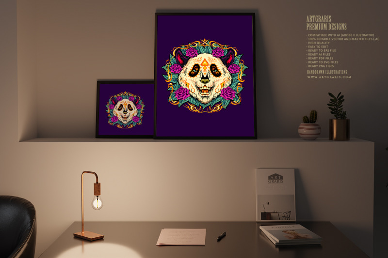 sugar-skull-panda-with-rose-flower-frame-illustrations