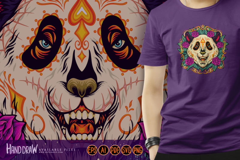 sugar-skull-panda-with-rose-flower-frame-illustrations