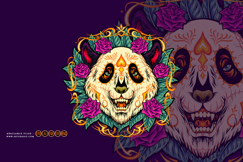 sugar-skull-panda-with-rose-flower-frame-illustrations