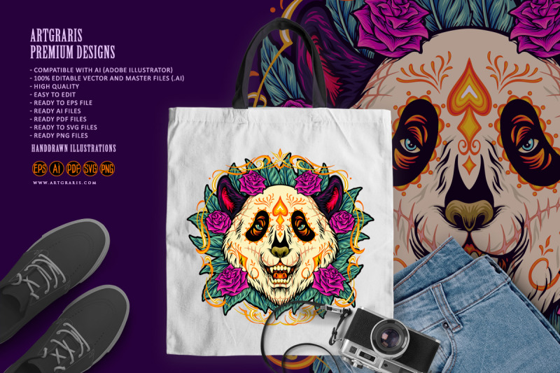 sugar-skull-panda-with-rose-flower-frame-illustrations