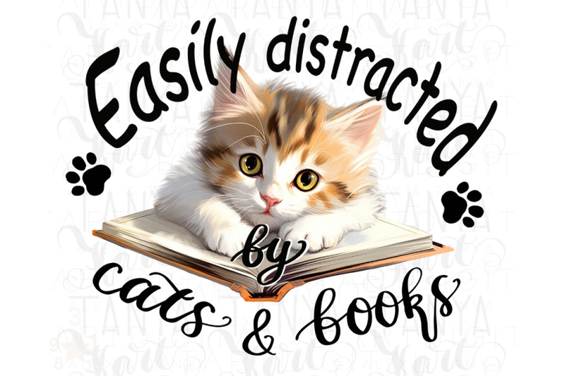 easily-distracted-by-cats-and-books-png-instant-download-white-cat-on-books