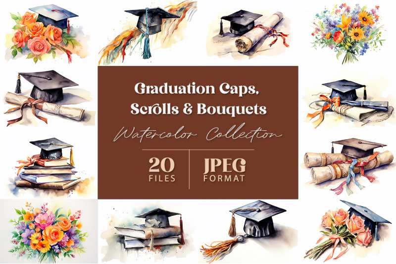 graduation-caps-scrolls-amp-bouquets-watercolor-collection