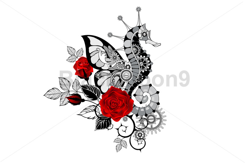 mechanical-seahorse-with-red-roses
