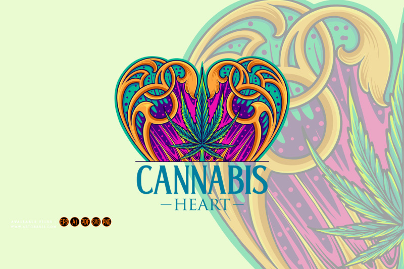 cannabis-sativa-leaf-in-art-nouveau-heart-shaped-frame-illustrations