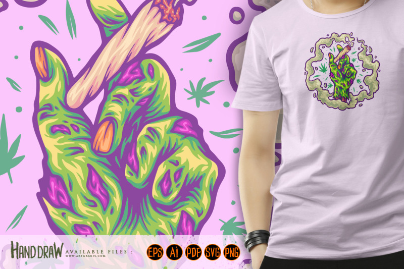 zombie-hand-kush-strain-holding-lit-cannabis-blunt-illustrations