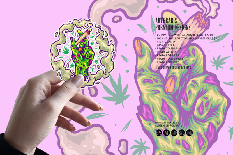 zombie-hand-kush-strain-holding-lit-cannabis-blunt-illustrations