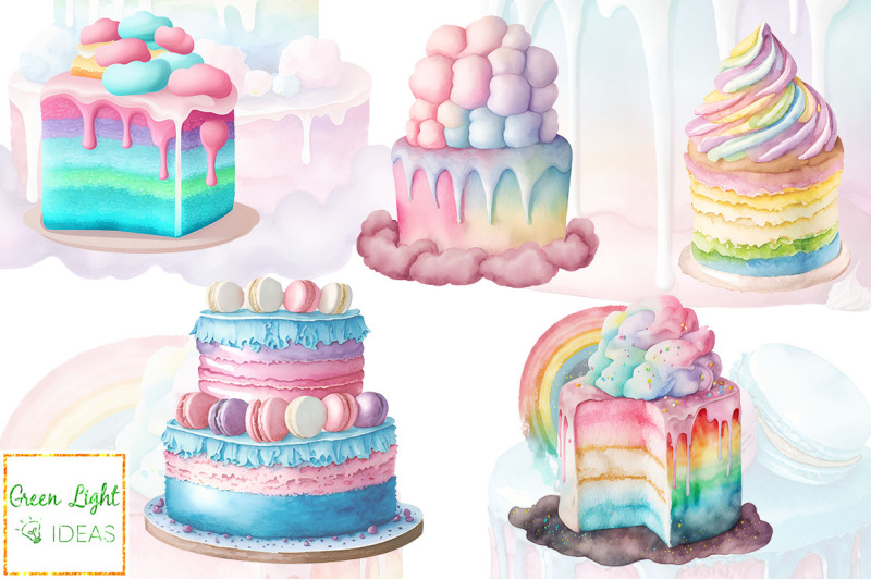 rainbow-cakes-clipart-watercolor-birthday-cakes-illustrations