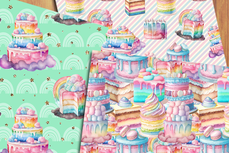 rainbow-birthday-cakes-digital-papers-desserts-seamless-patterns