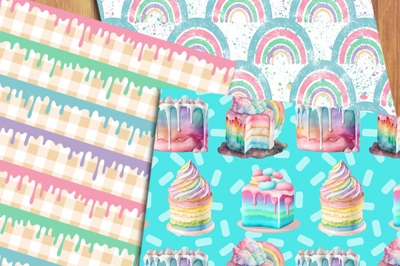 rainbow-birthday-cakes-digital-papers-desserts-seamless-patterns