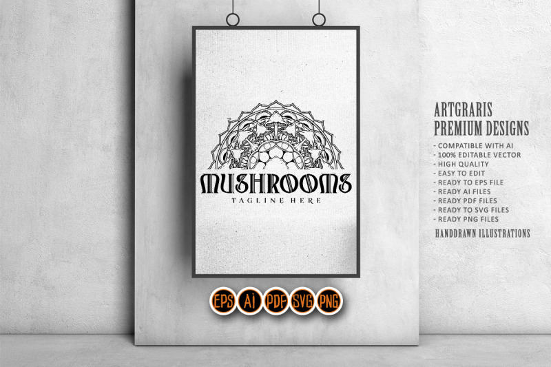 mandala-trippy-mushrooms-intricate-half-logo-illustrations-monochrome