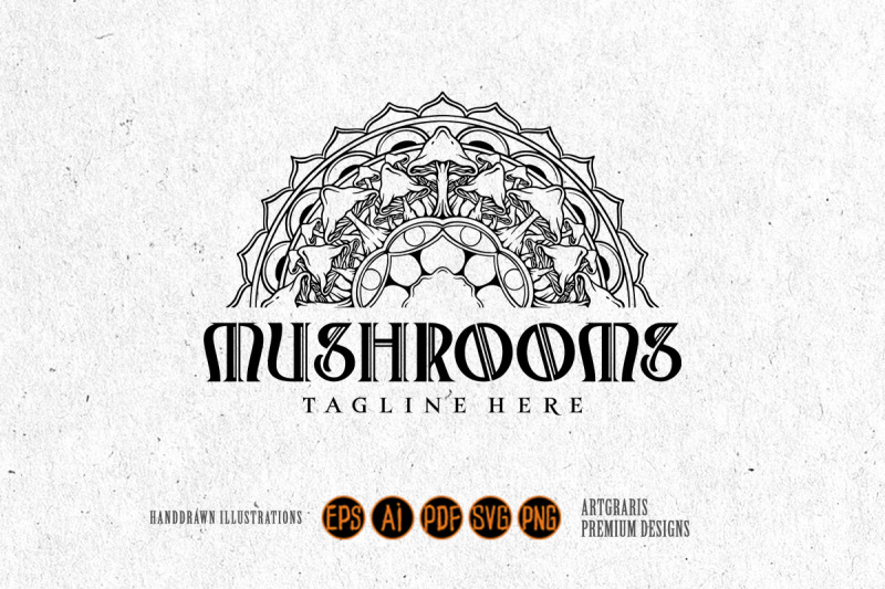 mandala-trippy-mushrooms-intricate-half-logo-illustrations-monochrome