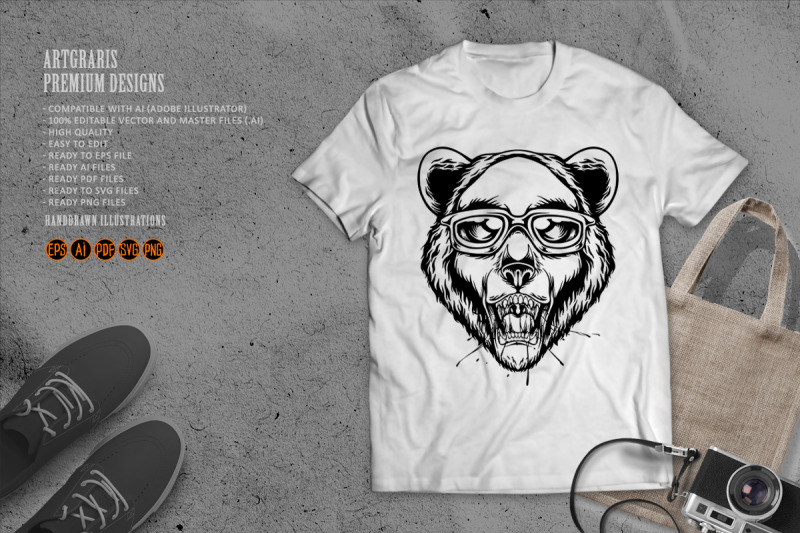 cute-bear-head-wearing-stylish-sunglasses-logo-illustrations-monochrom