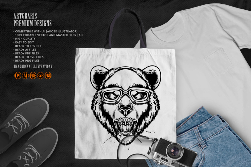 cute-bear-head-wearing-stylish-sunglasses-logo-illustrations-monochrom