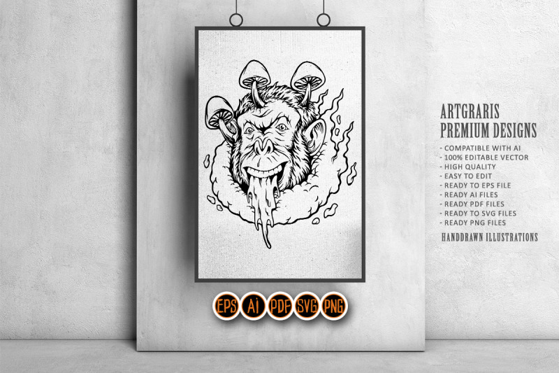 trippy-monkey-head-psychedelic-magic-mushrooms-logo-illustrations-mono