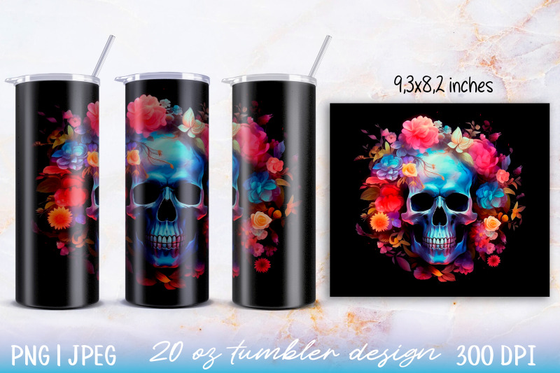 skinny-tumbler-wrap-illuminated-skull-with-flowers