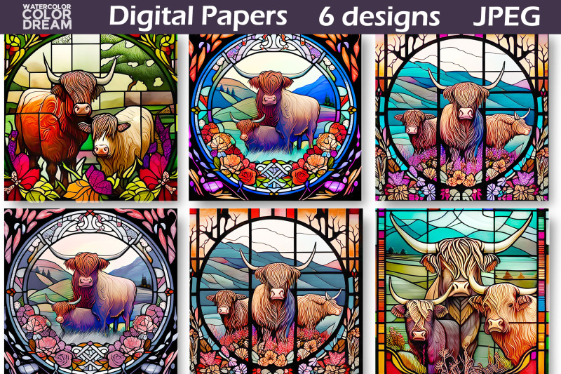stained-glass-cow-illustration-stained-glass-digital-paper