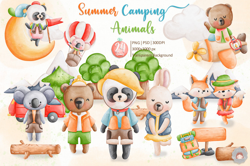 watercolor-summer-camping-animal-clipart-sublimation