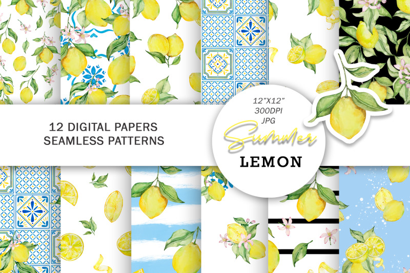 watercolor-lemon-and-italian-tile-digital-paper