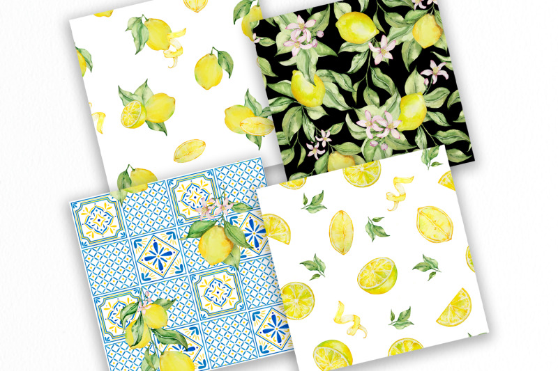 watercolor-lemon-and-italian-tile-digital-paper