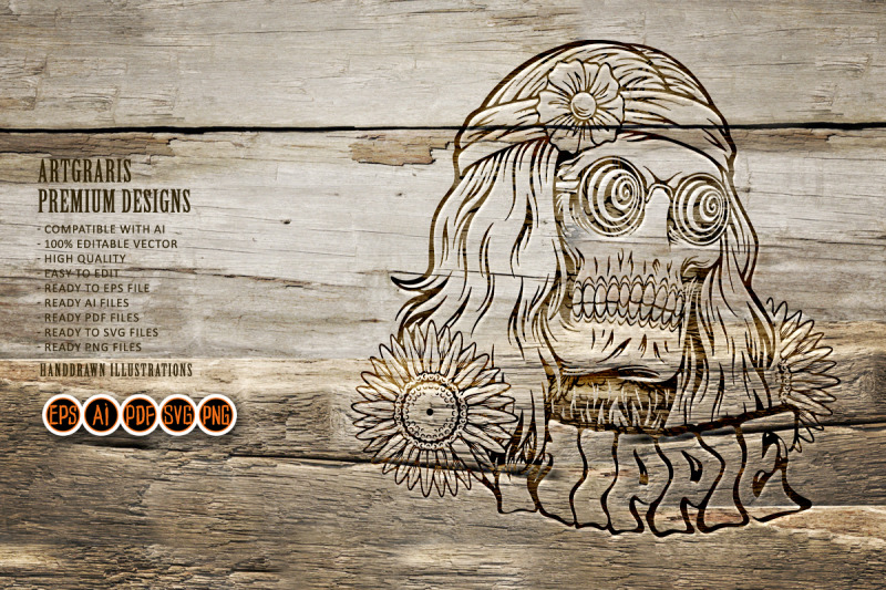 skull-head-trippy-hippie-bohemian-style-logo-illustrations-monochrome