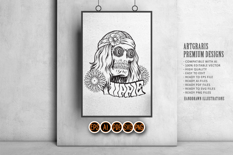 skull-head-trippy-hippie-bohemian-style-logo-illustrations-monochrome