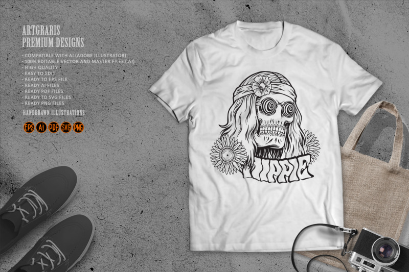 skull-head-trippy-hippie-bohemian-style-logo-illustrations-monochrome