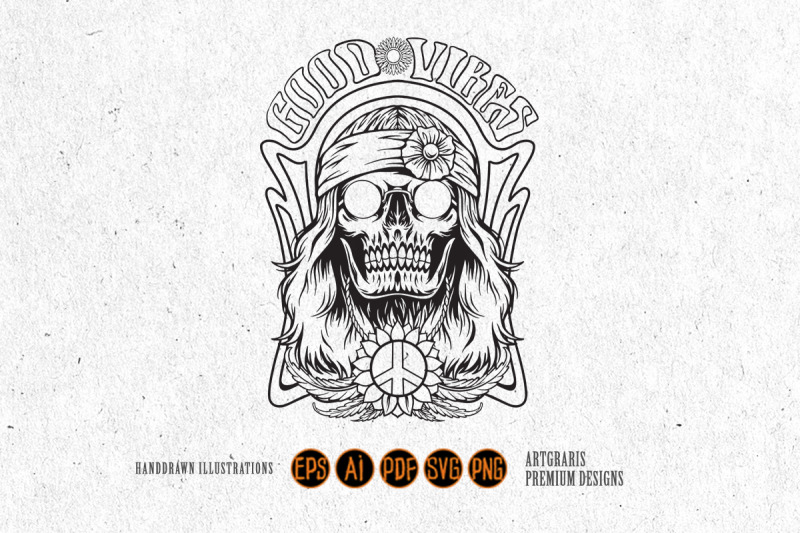 hippie-skull-head-bohemian-style-good-vibes-illustrations-monochrome