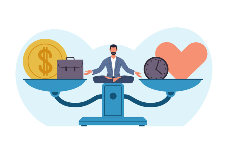 man-sits-on-huge-scale-balancing-finances-and-love-choosing-between