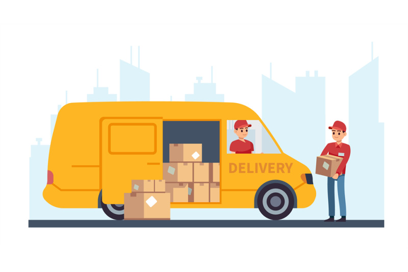 transportation-logistics-delivery-worker-unloads-cardboard-boxes-from