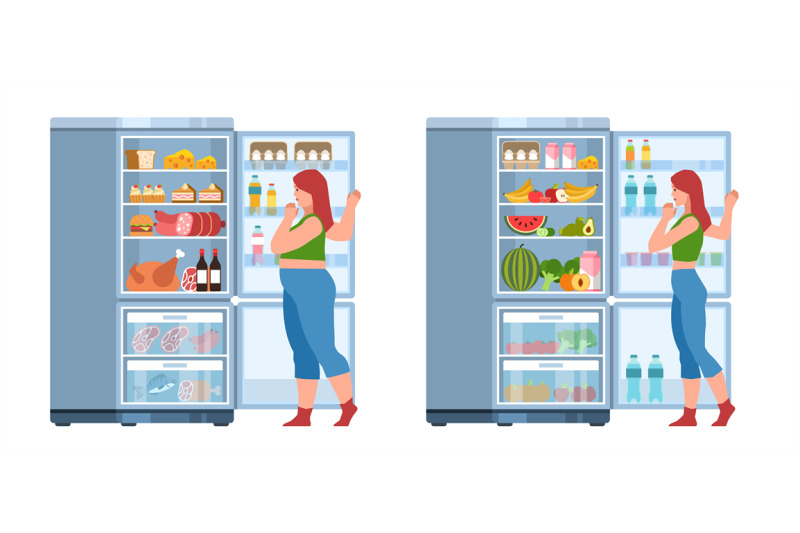 fat-girl-and-slim-girl-choose-different-products-in-fridge-healthy-an