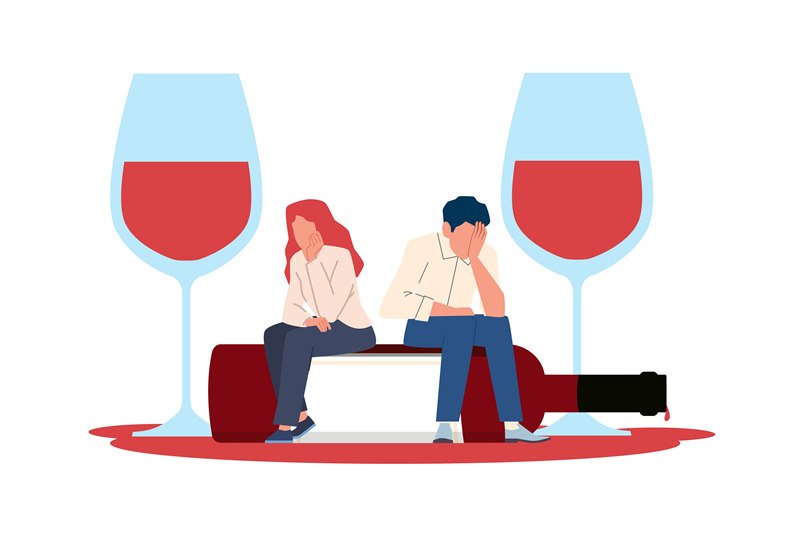 concept-of-alcohol-addiction-man-and-woman-sitting-on-bottle-of-wine