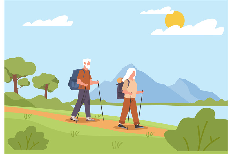 happy-active-elderly-couple-with-backpacks-traveling-hiking-trail-gra