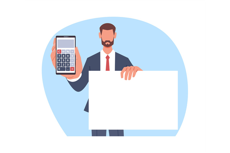 man-businessman-holds-up-and-shows-digital-calculator-and-blank-poster