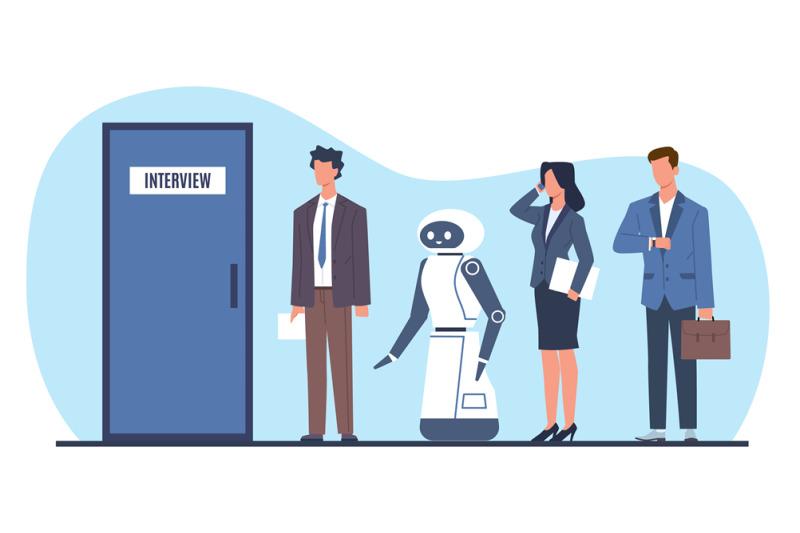 people-and-robot-standing-in-line-waiting-to-be-interviewed-before-bei