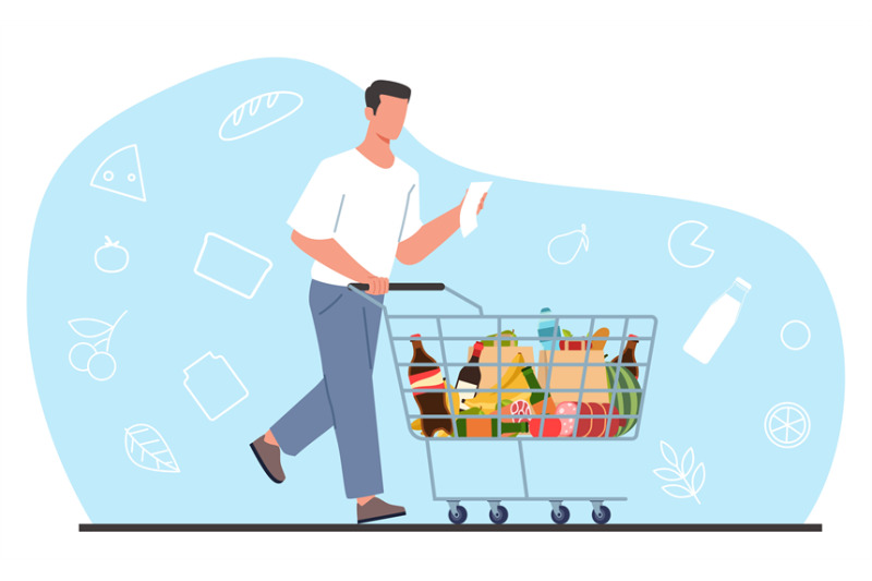 young-man-in-supermarket-with-shopping-list-and-cart-full-of-groceries