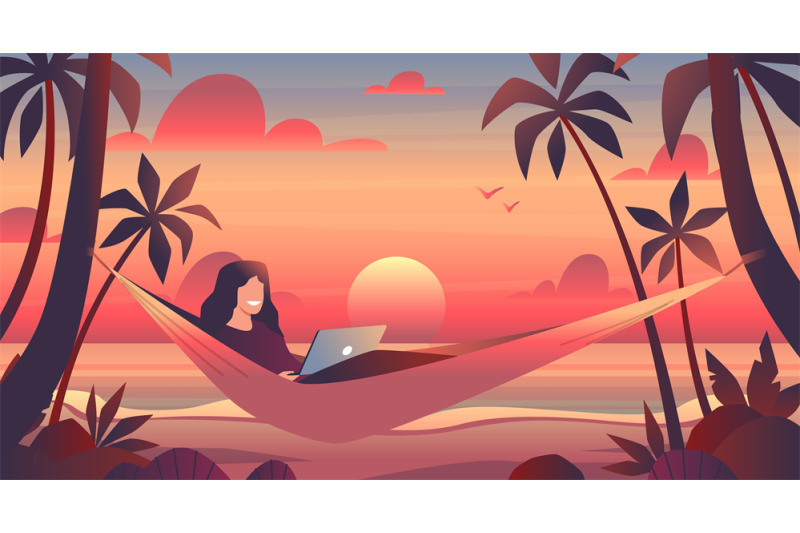 girl-in-hammock-with-tablet-works-on-tropical-island-beach-at-sunset